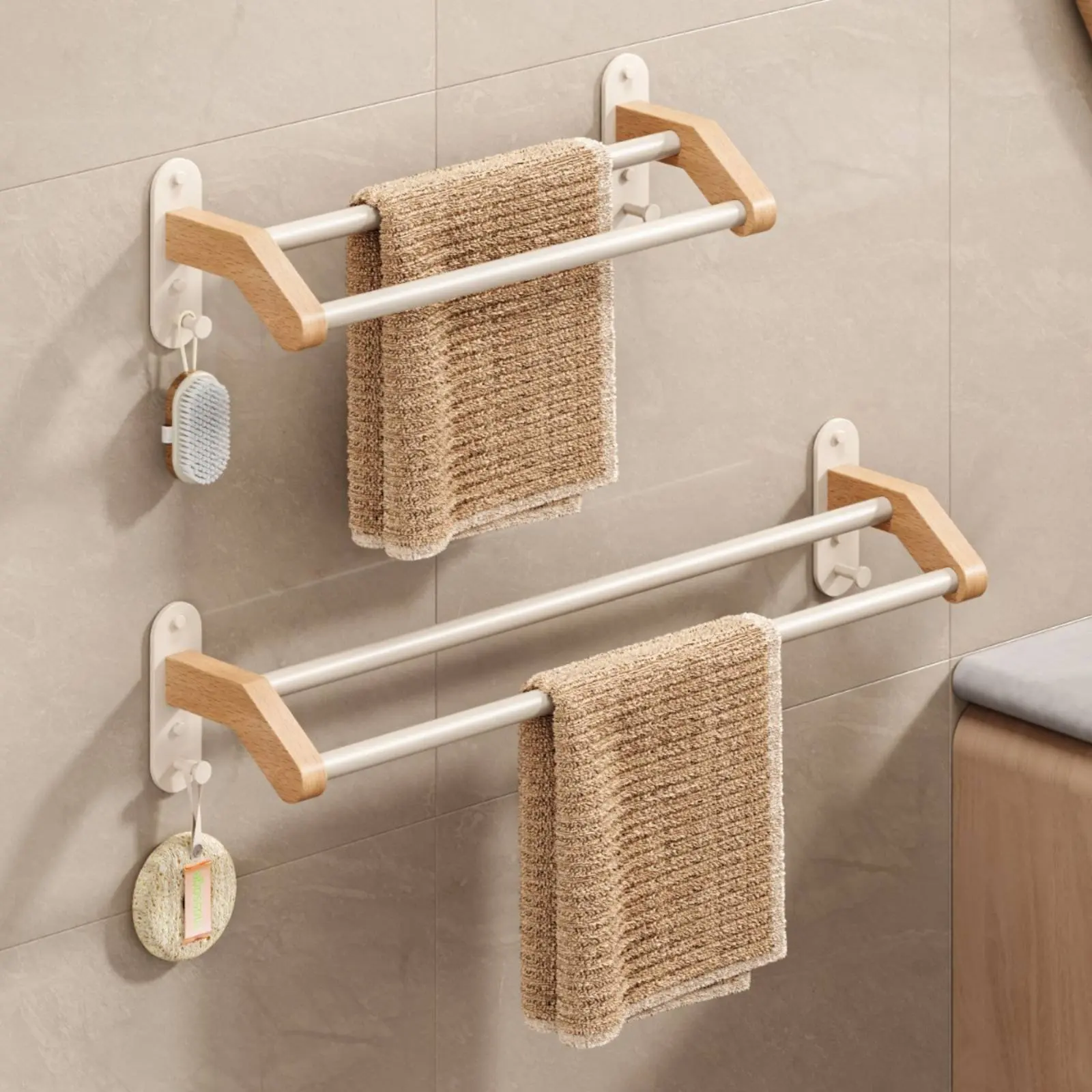 

Wooden Towel Rail Space-Saving Double Towel Bar Bathroom Storage Long-Lasting Rustproof