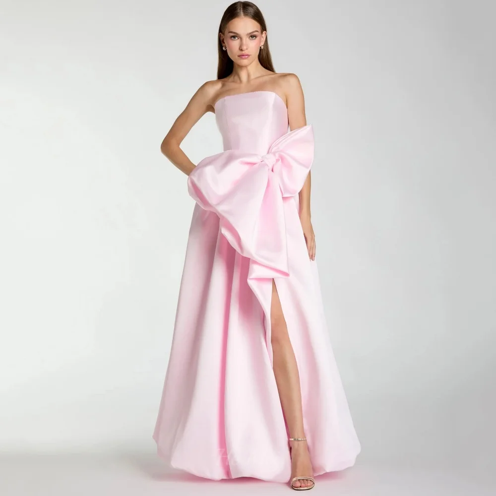 

Elegant A Line Customized Prom Dress Strapless with Bow Evening Gown Split Party Gowns Dress شارون سعيد