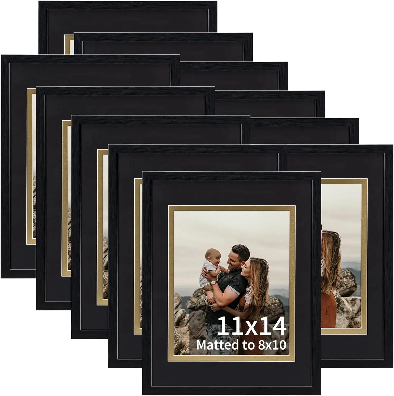 Rempry 11x14 Black Picture Frame, Display Picture 8x10 with Black and Gold Double Mat or 11x14 Without Mat, Tabletop and Wall M