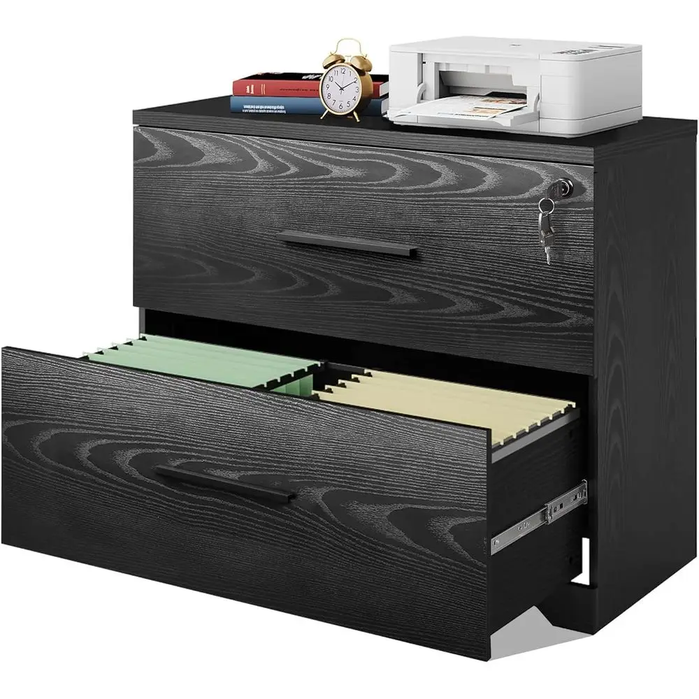 Secure Lateral File Cabinet, 2 Drawers, Black | Sturdy Wood Printer Stand, Office Storage, Suitable for Letter, Legal, or A4 Siz