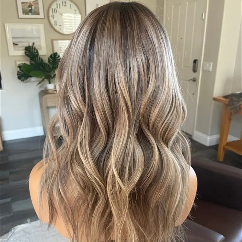 High Quality Synthetic Wig Middle Part Ombre Caramel Brown Wig Girls Party Daily Used Natural Preplucked Hairline Soft Wave Wig