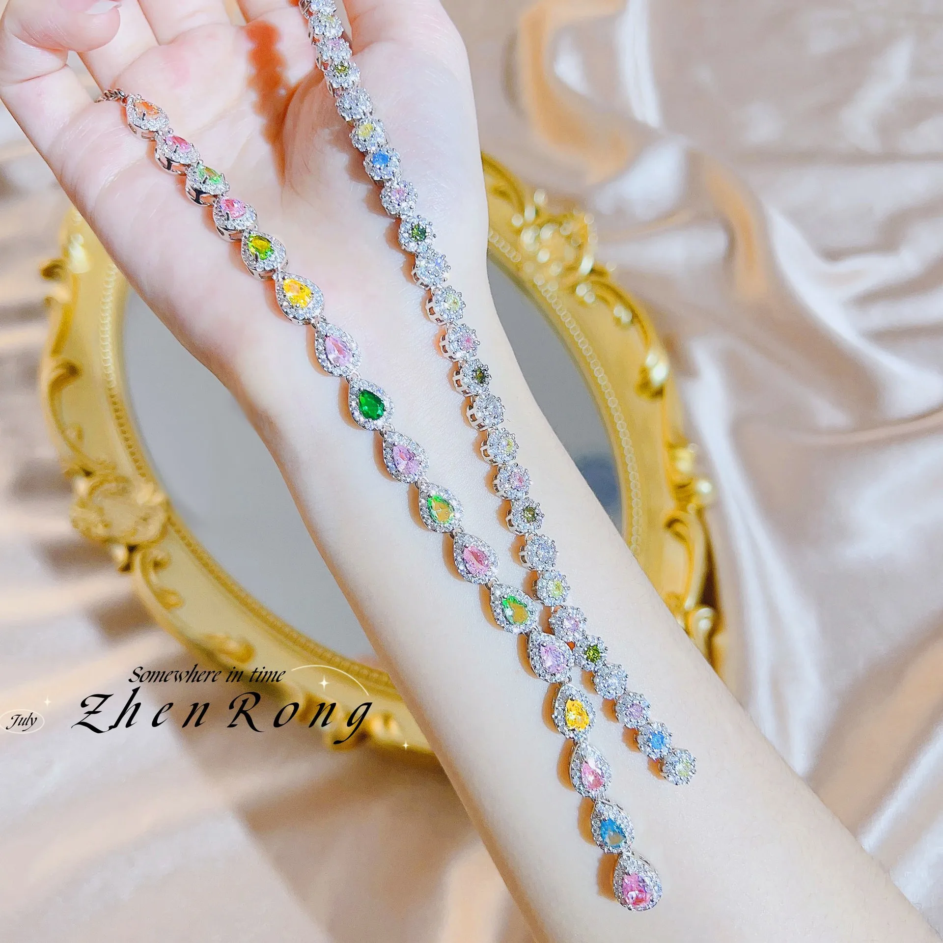 Foydjew Luxury Evening Dress Accessories Candy Color Tourmaline Necklaces Noble Jewelry Y-shaped Long Tassel Choker Necklace
