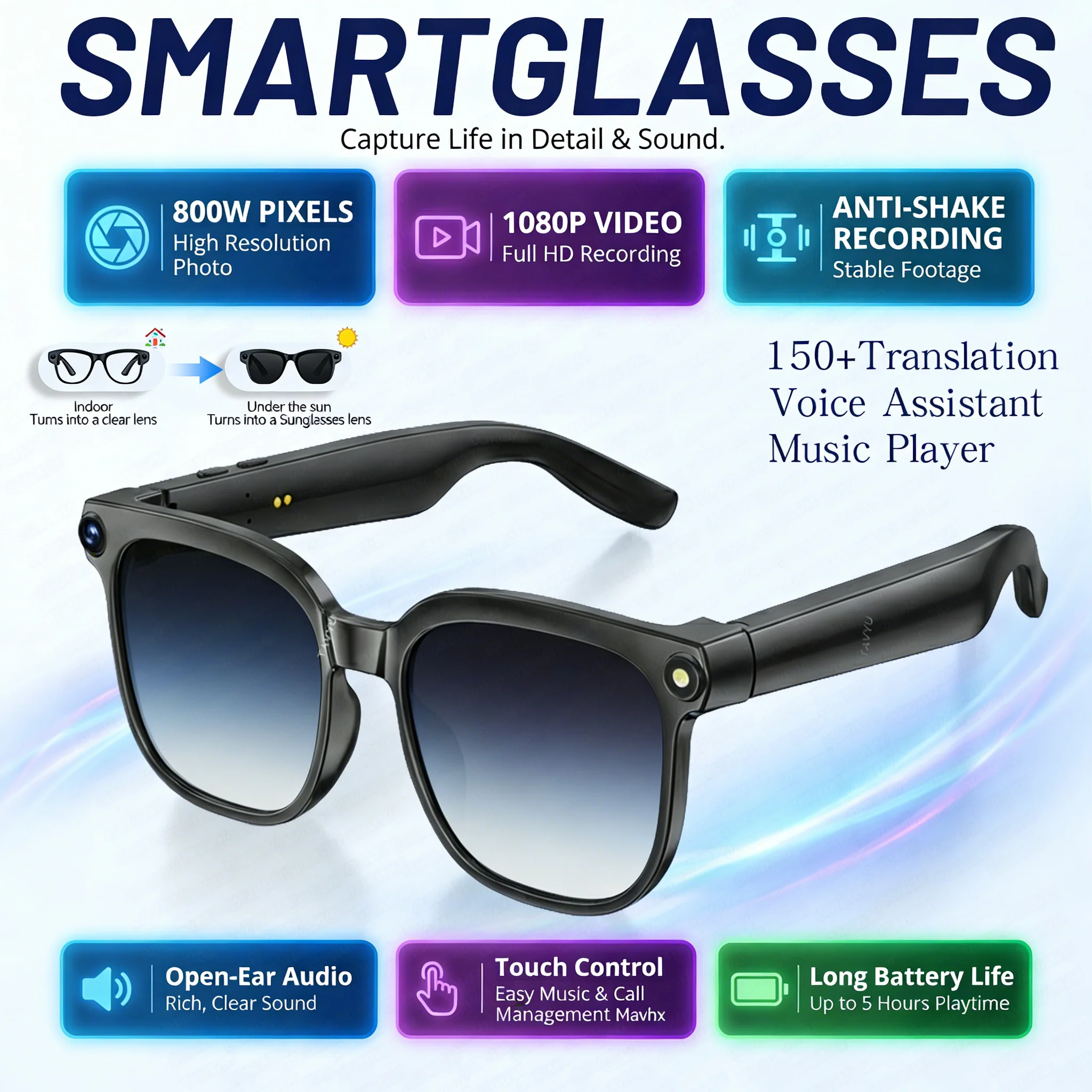 

Новые смарт-очки 2026 года с камерой 800 МП, записью видео, распознаванием фото на базе ИИ, Bluetooth-звонками и голосовым переводом для мужчин