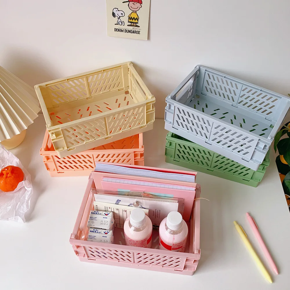 Caja plegable de plástico, caja de almacenamiento plegable, cesta, contenedor de cosméticos de utilidad, soporte de escritorio, uso doméstico, caja