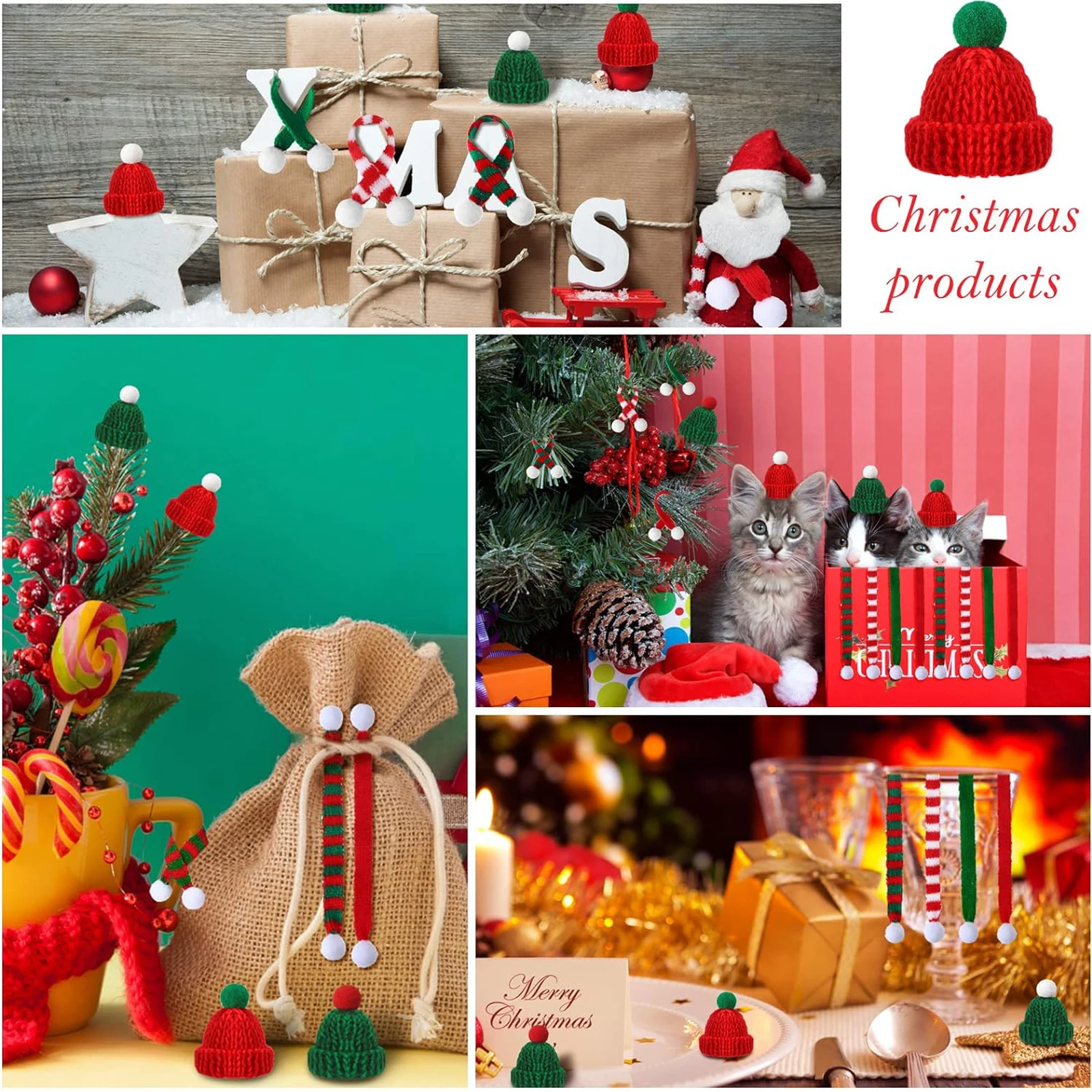 10/20pcs Mini Santa Hat & Scarf 2024 New Christmas Costume for Cat Rabbit Doll Lollipop Bottle DIY Xmas Party Dinner Decoration