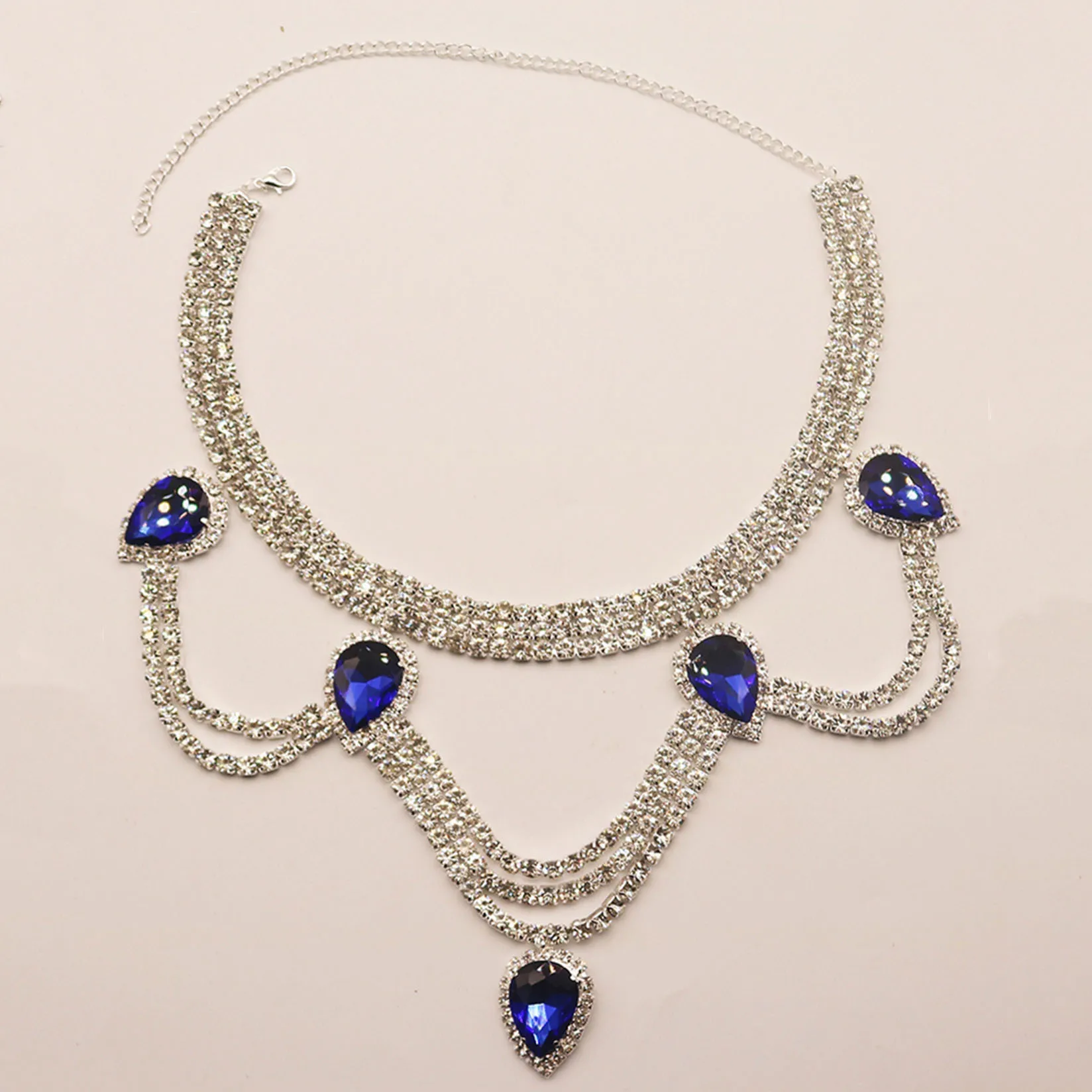 Fashion Luxury Blue Rhinestone Necklace Exquisite Luxury Party Necklace Sparkling Crystal Jewelry Body Chain Accessories