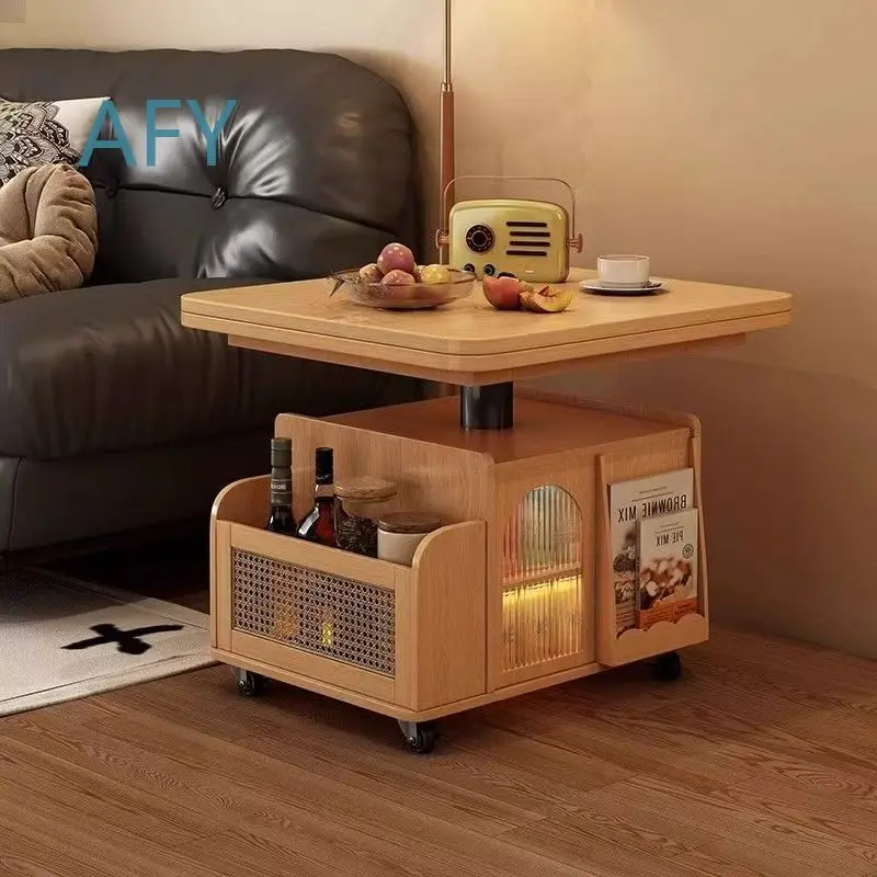 Solid Wood Tea Table for Small Living Room Sofa Side Table Folding Movable Tea Trolley Adjustable Height Tea Cart for Home