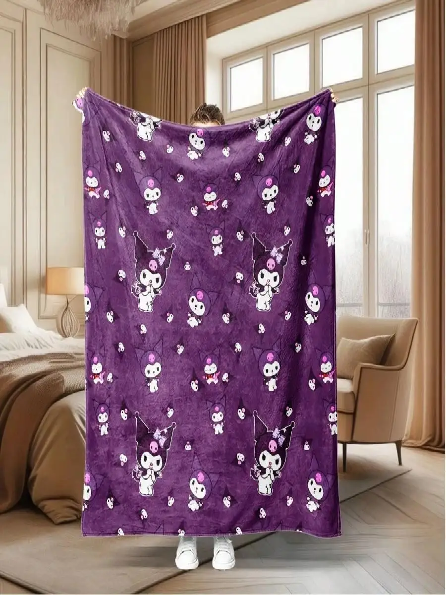 PC Sanrio Kuromi Flannel Blanket D Single-Sided Print Purple Pattern Bedroom Living Room Camping Throw Perfect Gift