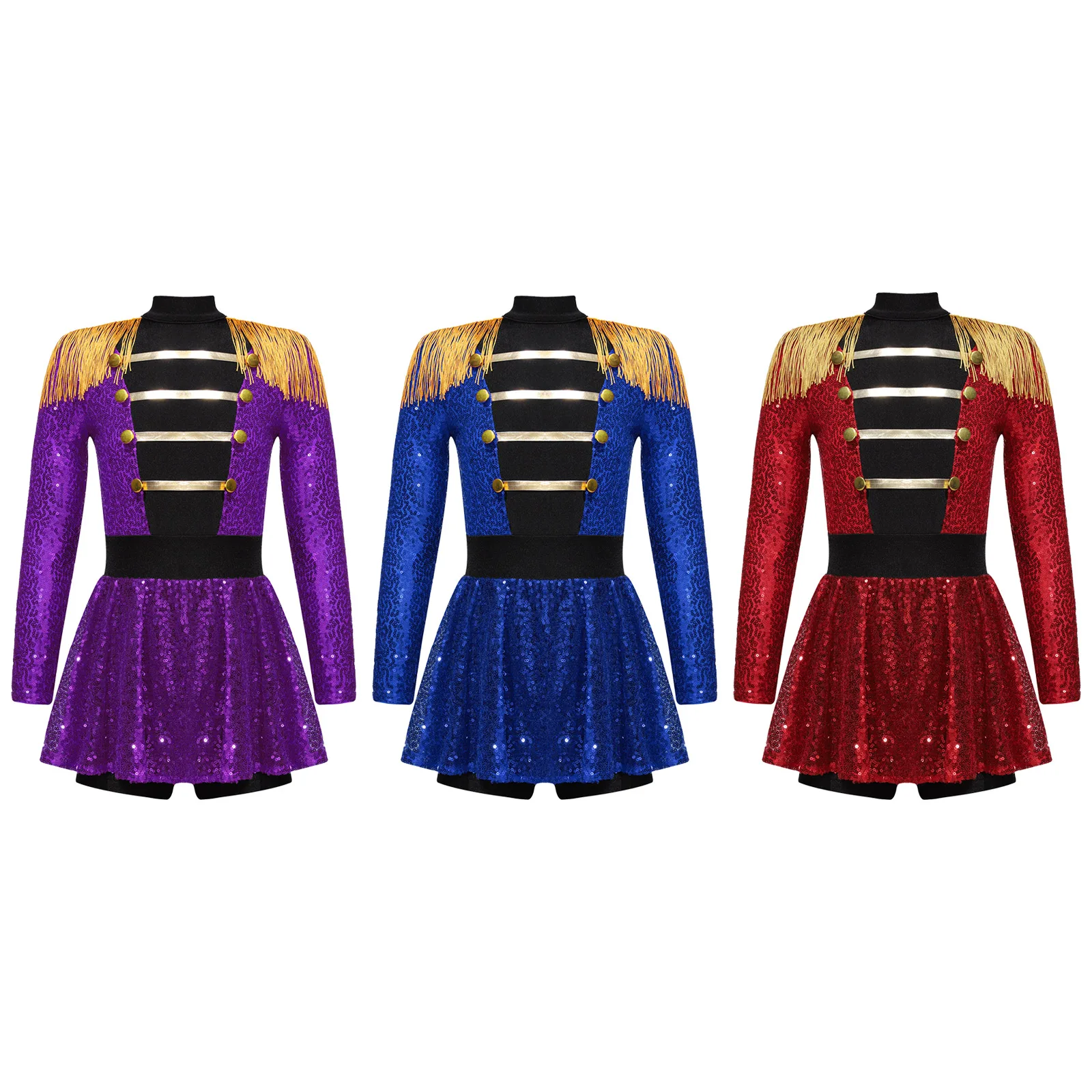 Kids Girls Ringmaster Circus Costume Long Sleeve Tassel Epaulet Sequins Leotard Dress for Halloween Cosplay Stage Performance