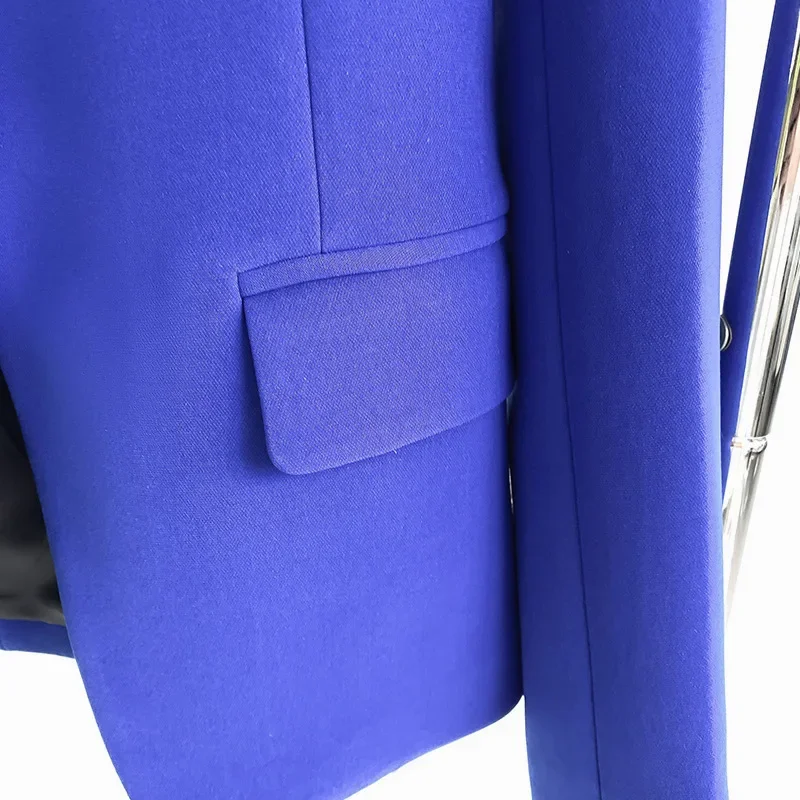 Royal Blue Women Suit Set Formal Blazer+Pants Single Button Slim Fit Cotton Business Work Wear Office Lady Jacket Coat