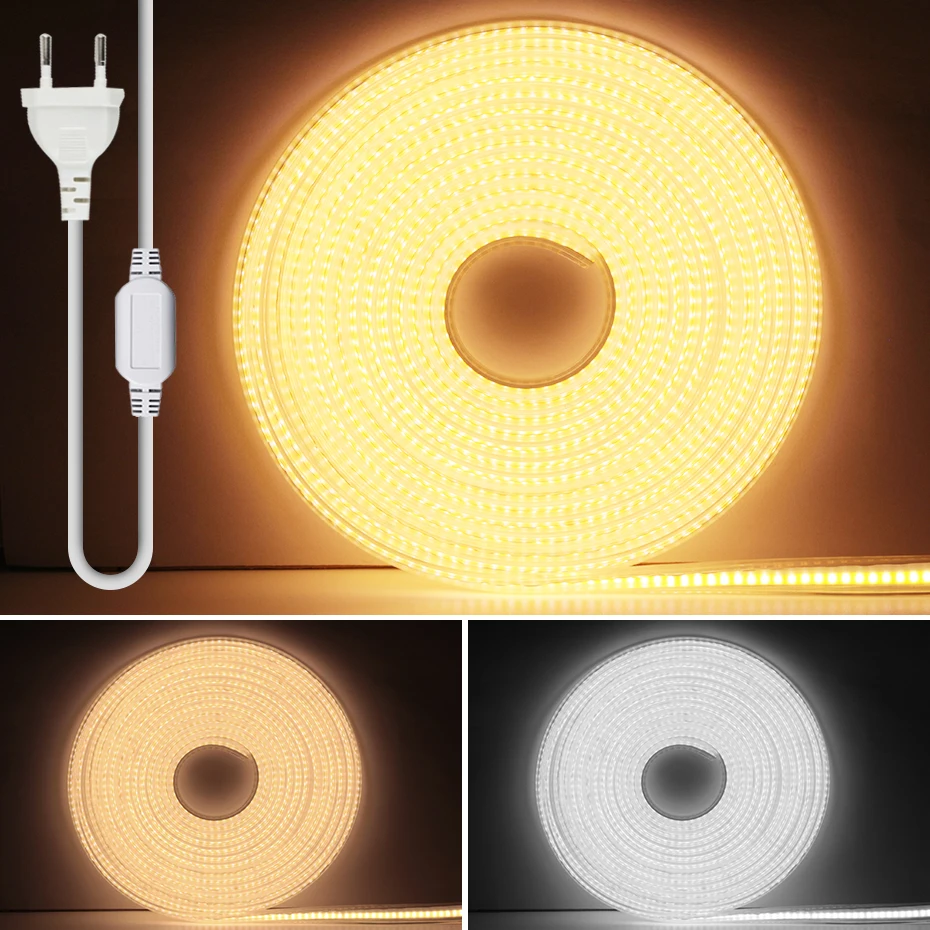 0.5m-50m 220V COB LED Strip Light 288LEDs/m IP65 Waterproof Cuttable Tape with EU/AU Power Plug CW/NW/WW Colors Can Choice