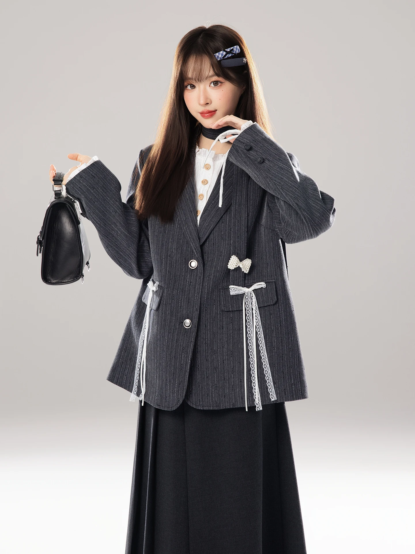 

Sweet Fi L Salt Texture Stripe Women's Suit Jaet with Scarf 2025 New Small Size Western Clothes Stand Fit Long Sve