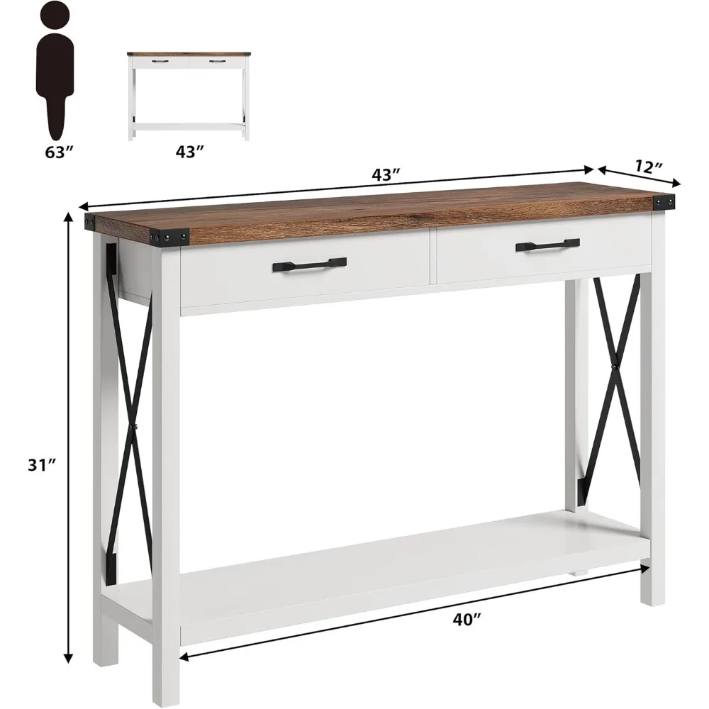 Console Table with 2 Drawers, Farmhouse Sofa Table with Storage Shelf, Accent Wood Entryway