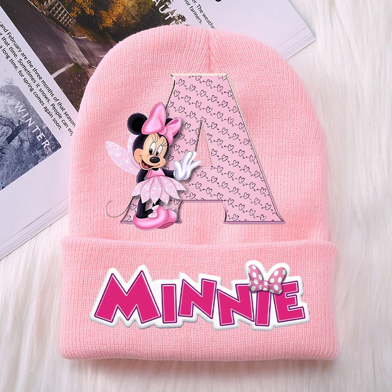 Disney Minnie Mouse Baby Hat Girls Knitted Hats Kawaii Cartoon Letter A-Z Printed Beanie Kids Casual Warm Hat Christmas Gifts