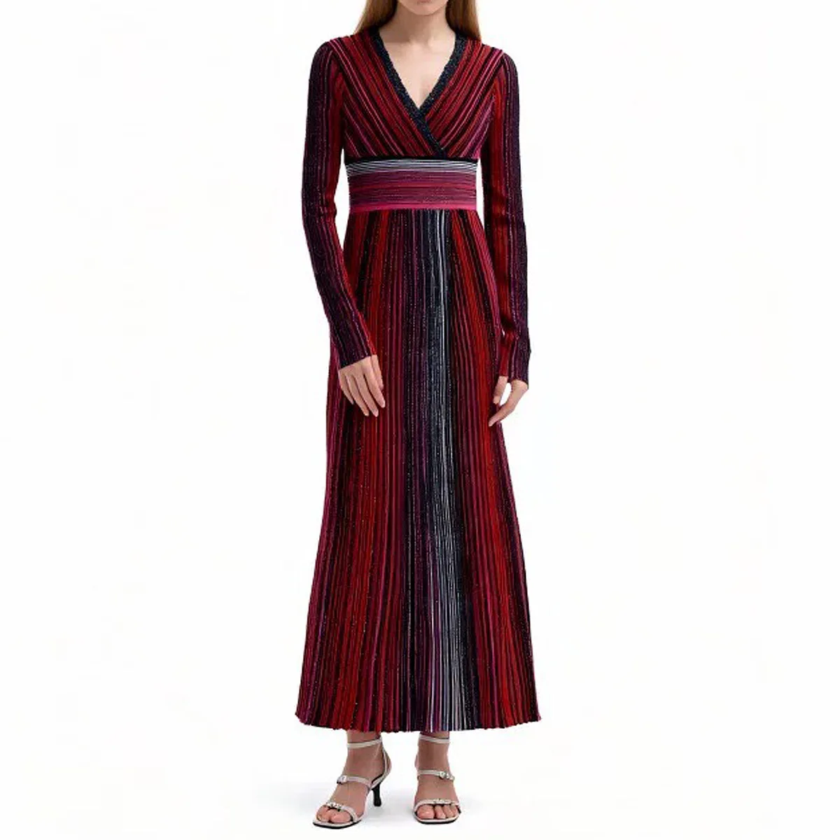 

Women's 2025 autumn and winter new V-neck dress vertical stripes long sleeves slim fit slit elegant midi robe