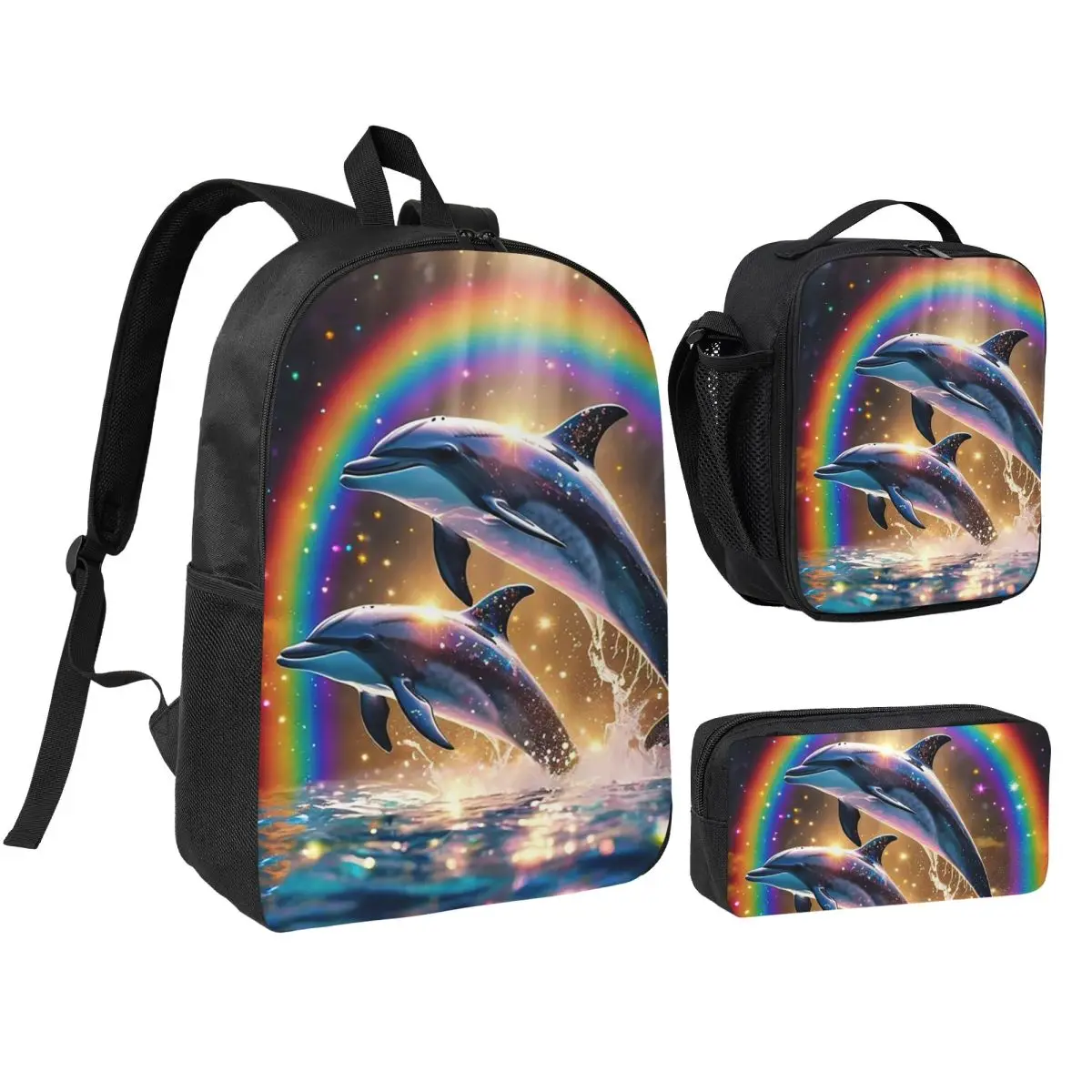 

Sunset Dolphins Dancers Sea Creature Dolphin Backpack BookBag School Bag Shoulder Bags 3ps Insulated Lunch Bag Pencil Case