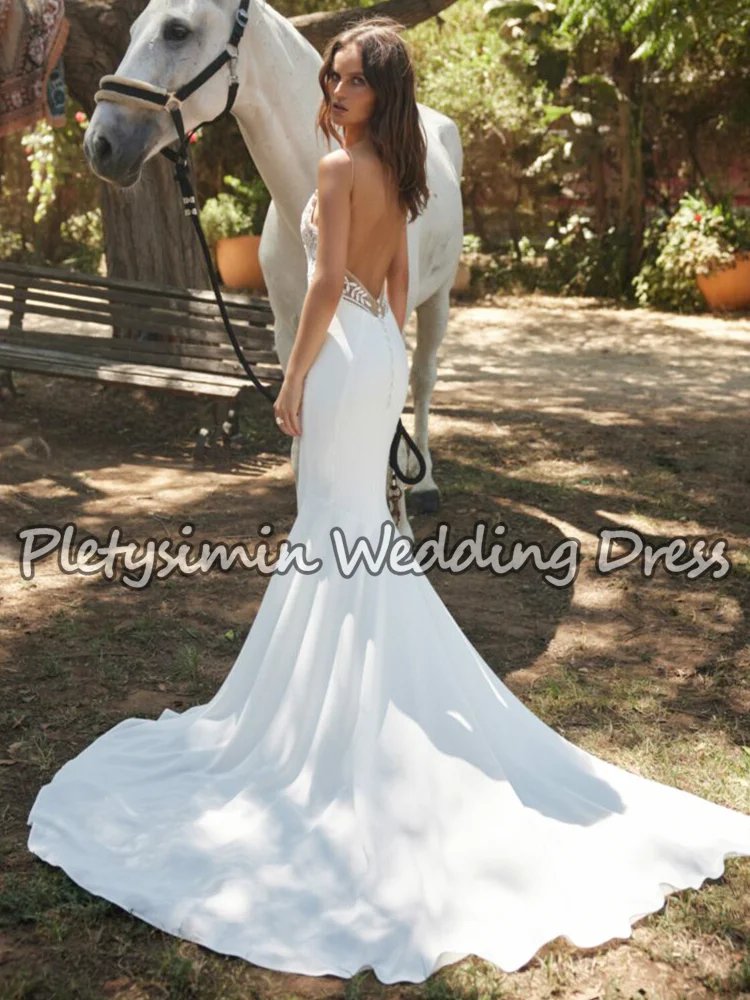 ชุดแต่งงานทรงเมอร์เมดแบบสายเดี่ยว คอวีลึก เซ็กซี่ ผ้าลูกไม้ซีทรู แขนแบบเปิดไหล่ ผ้าเครป  สามารถสั่งตัดได้