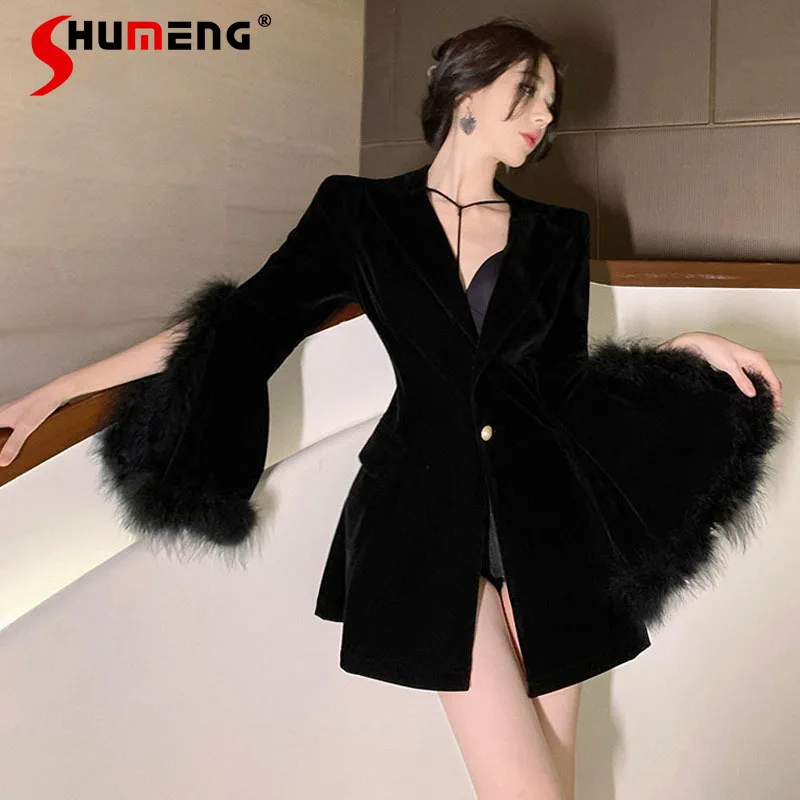 

Black Women's Cape Coats 2024 Spring Autumn New High-end Velvet Spliced Capes Wool Sleeve Jackets Trendy Feminine Elegant Tops