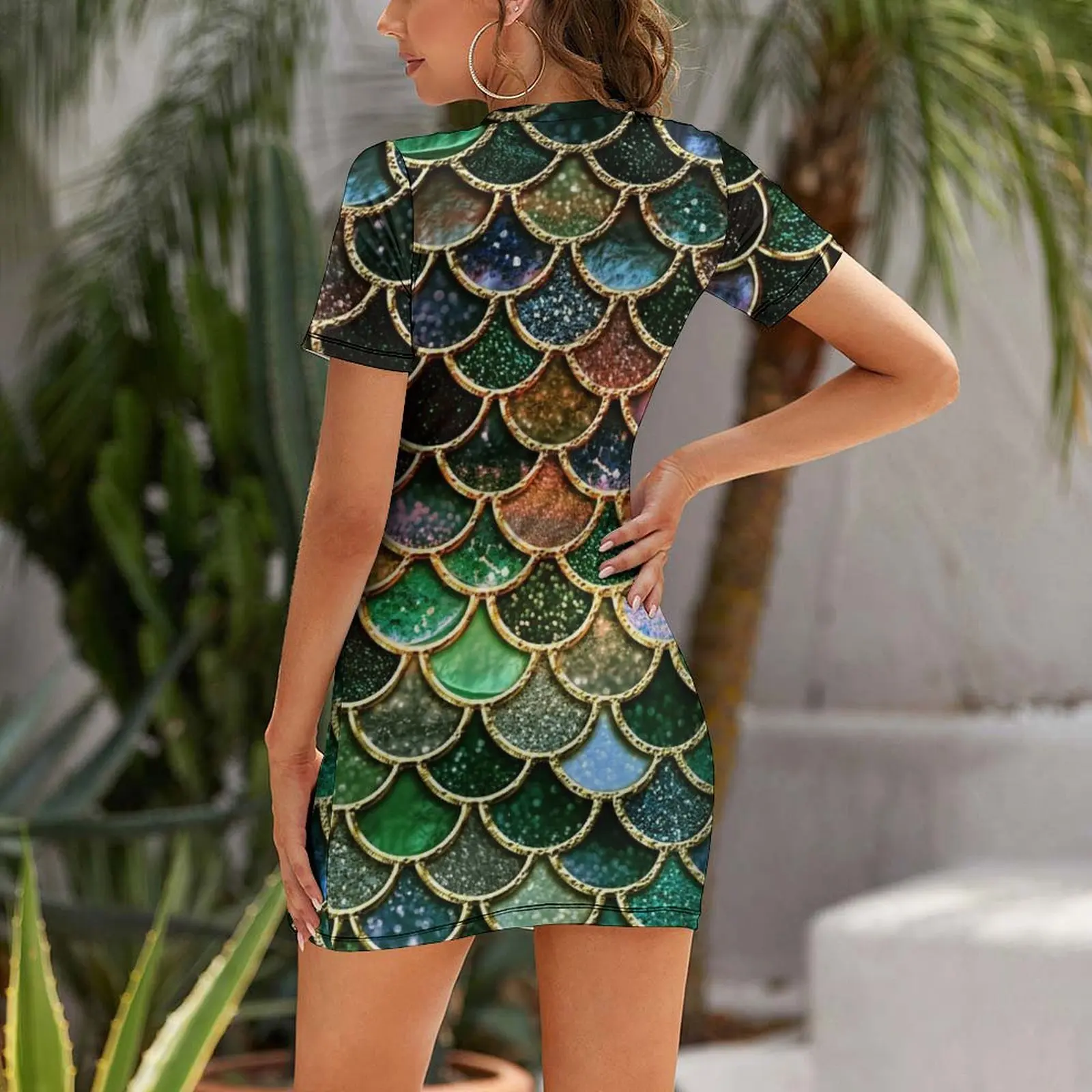 Green Sparkle Faux Glitter Mermaid Scales Short Sleeved Dress Aesthetic clothing women's summer clothing 2025 prom dresses Dress