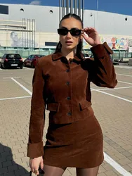 HH Women's 2-Piece Set Fashion Versatile Turn Down Collar Single-Breasted Velvet Cropped Jacket+Slimming Zipper Mini Skirt