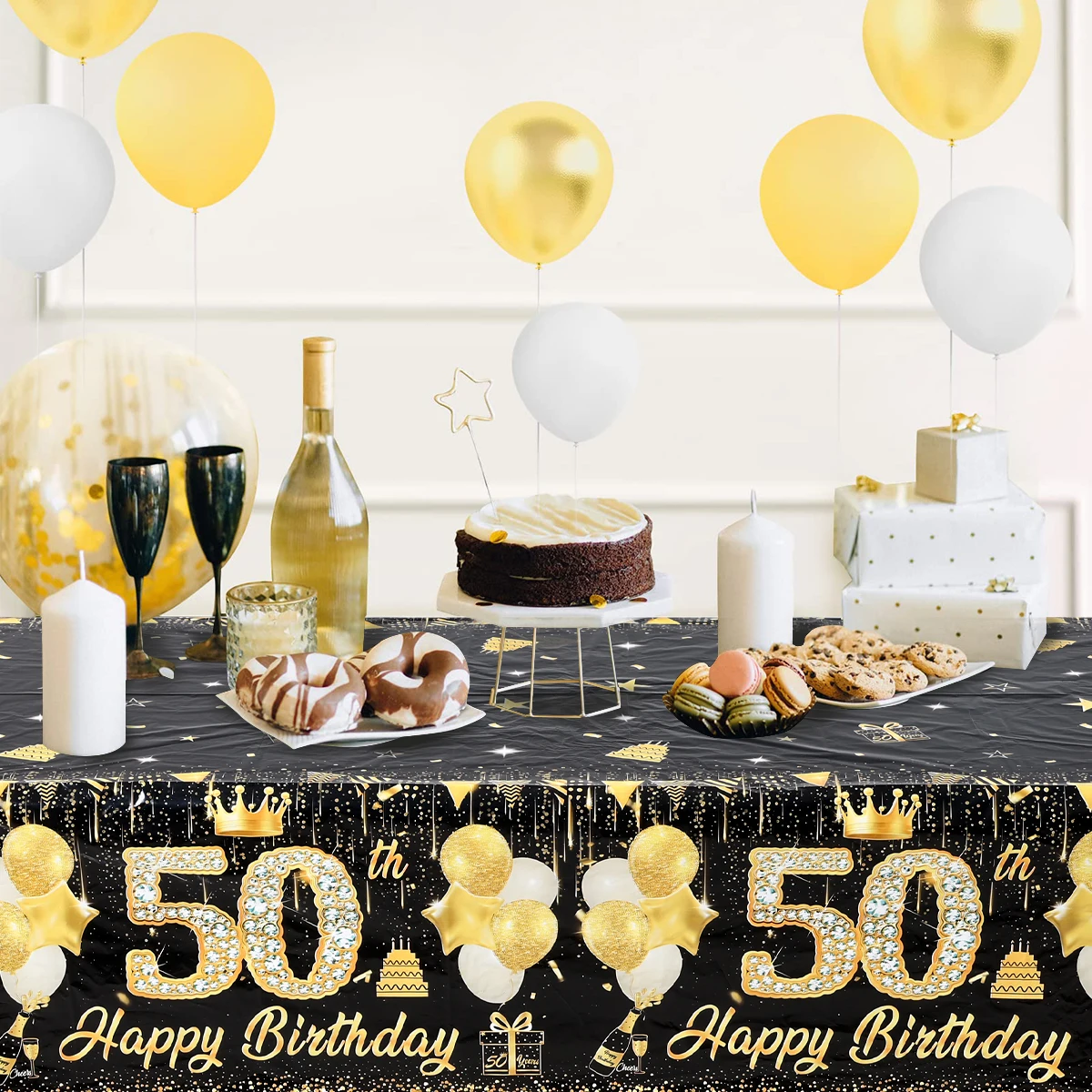 Black Gold Birhtday TableCloth Happy 40th 50th 60th Birthday Party Decoration Adult 40 50 60 Year Old Birthday Party Supplies