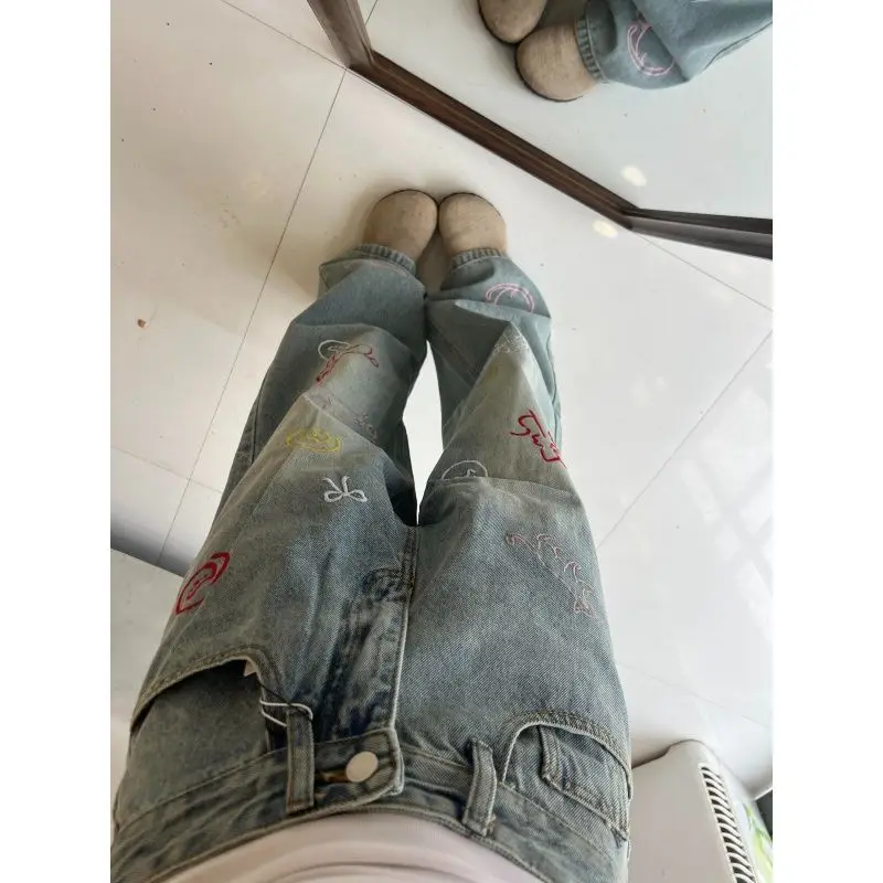 Amerykańskie spodnie jeansowe damskie w stylu high street, jesienne, nowe, z haftem z motywami z kreskówek, z wysokim stanem, luźne, z szerokimi nogawkami, wyszczuplające, vintage, długie jeansy.