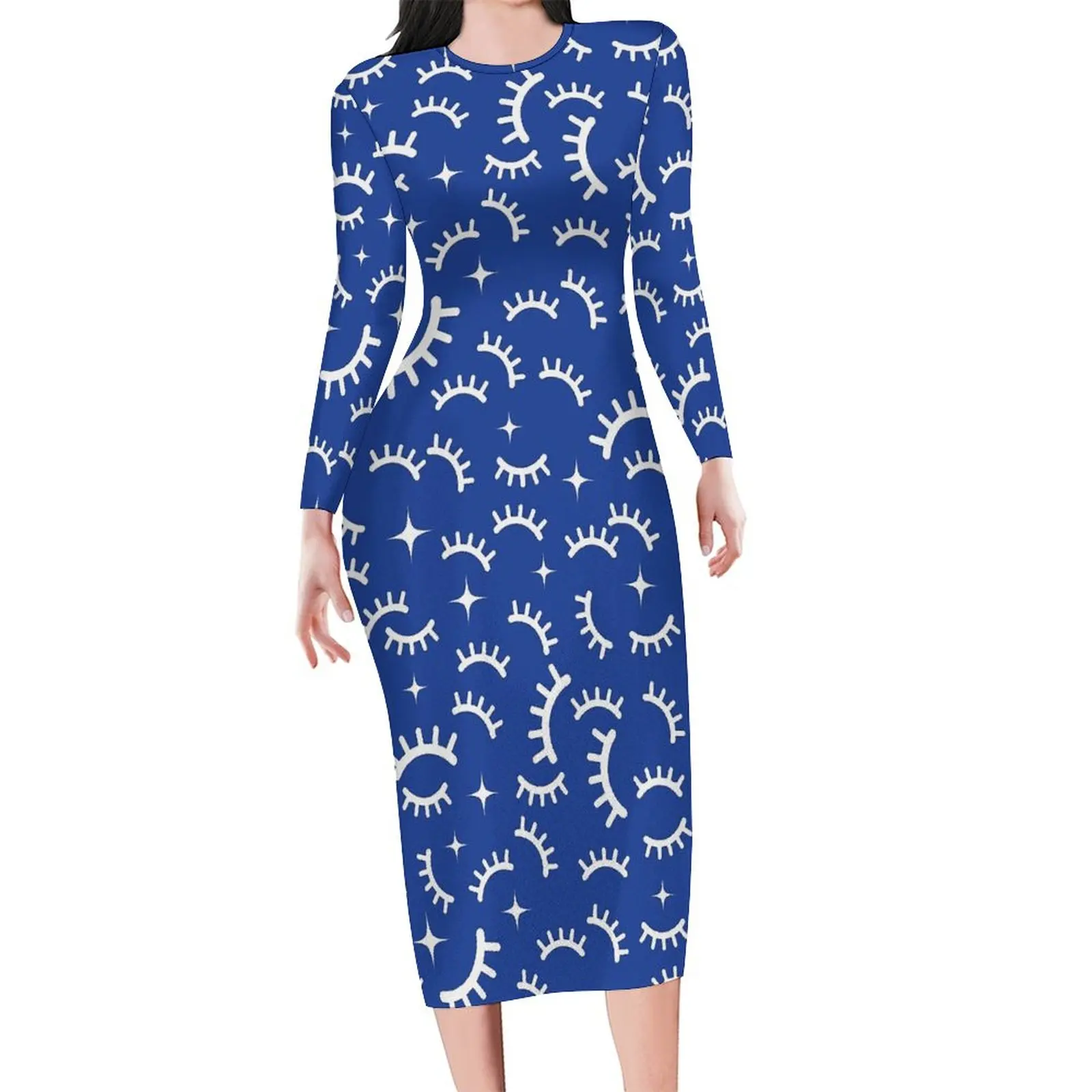 

Cartoon Eyelashes Bodycon Dress Spring Blue And White Kawaii Dresses Female Long Sleeve Custom Streetwear Dress Big Size 4XL 5XL