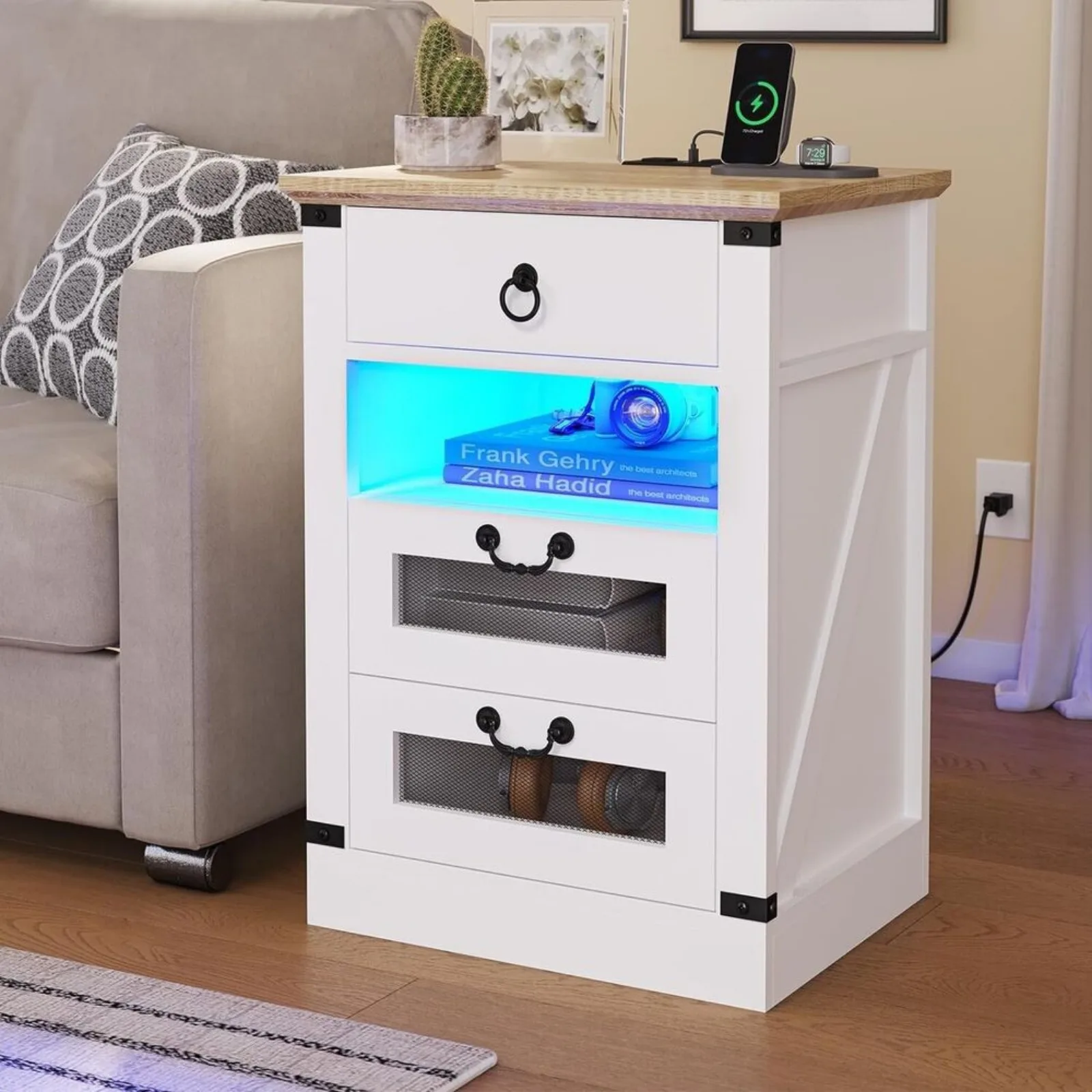 

US Night stand,Nightstand With Led Light,Bed Side Table with 3 Drawers,End Table