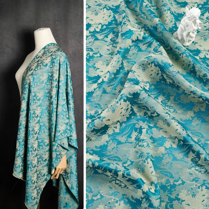 New Chinese Style Blue Dark Patterned Glossy Jacquard Flower Water Blue Fabric Hanfu Qipao Dress DIY Fabric