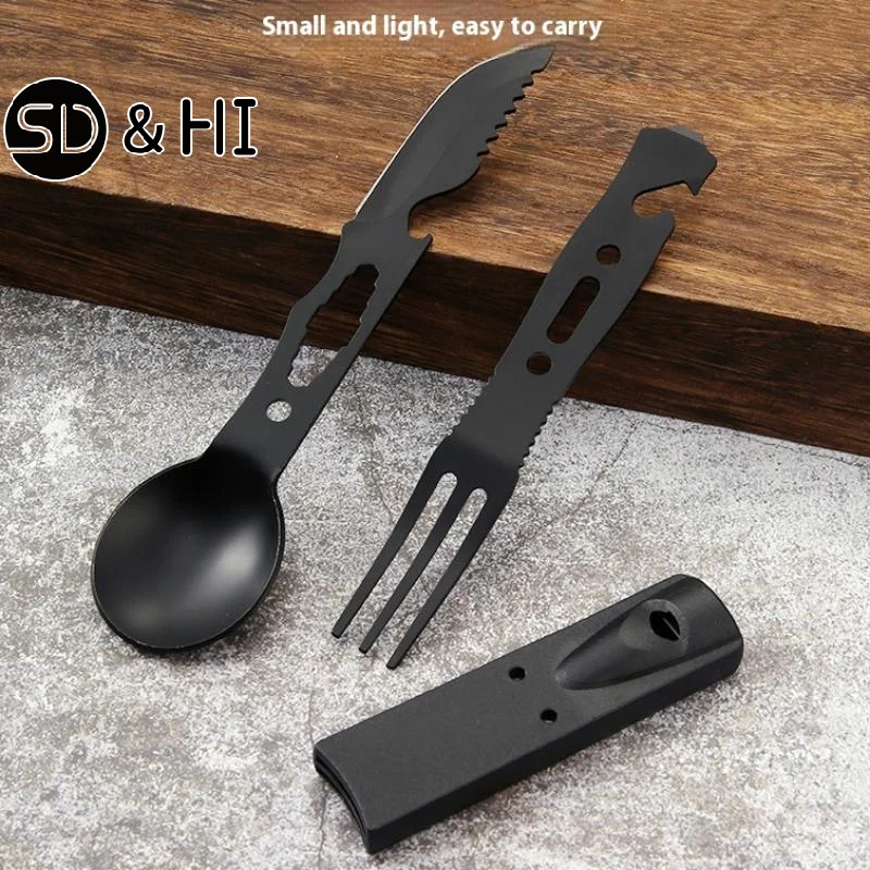 Outdoor Stainless Steel With Whistle Spoon Fork Set Multi Functional Camping Knives Camping Tableware Outdoor Wind Combination