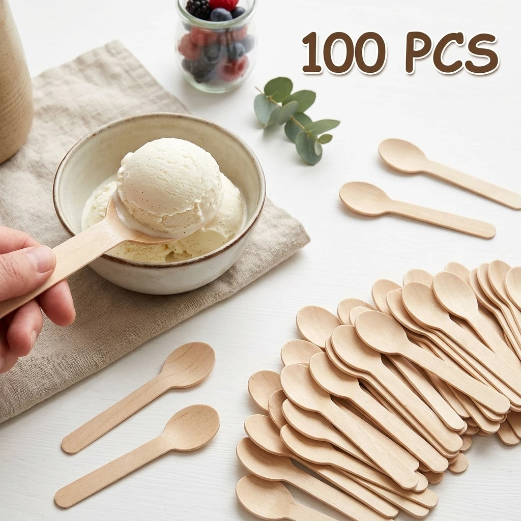 50Pcs Disposable Wooden Spoons for Tasting Sampling Yogurt Ice Cream Dessert Forks Wedding Party Tableware Wooden Spoon