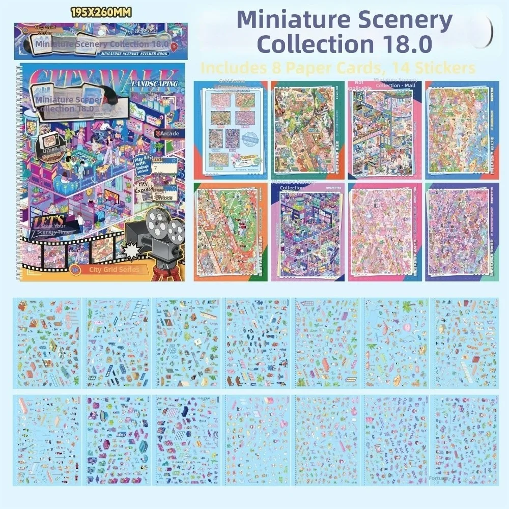 

New 18.0 Cute Miniature Scene Sticker 7 Scenes Urban Rooms 3D Cabin Stickers PET Die Cut Scenery Sticker Book Children Gifts