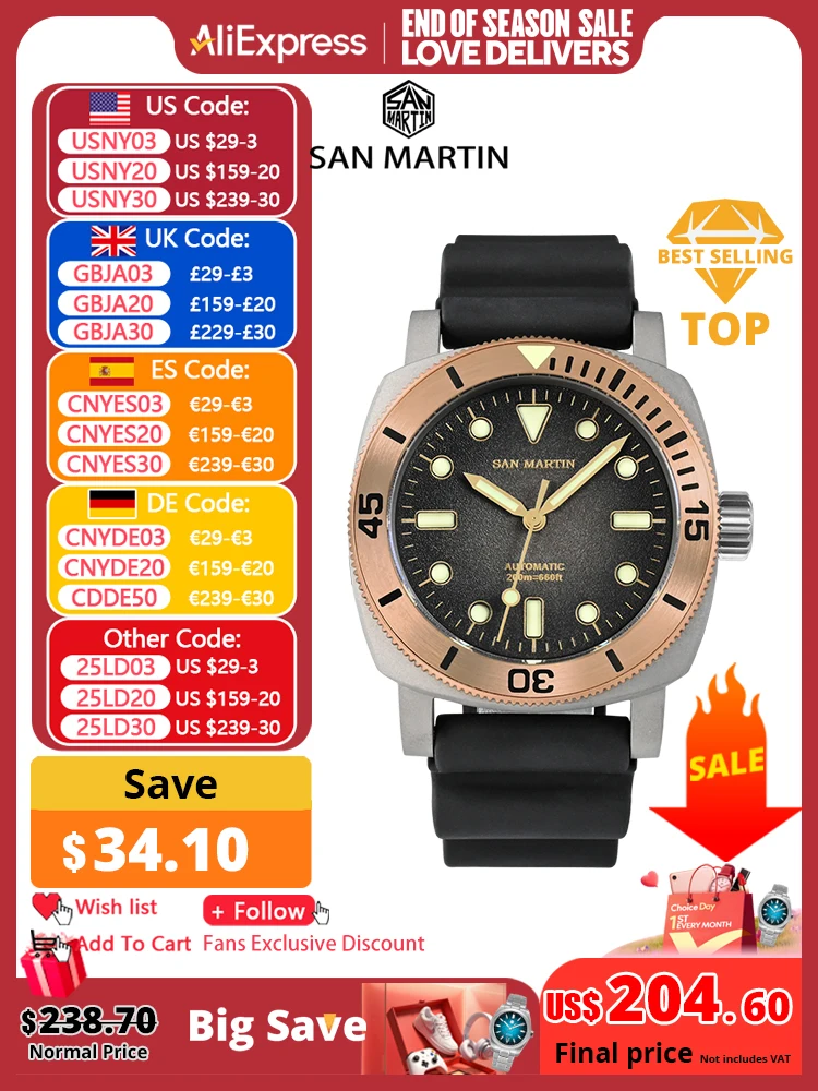 San Martin 42mm Retro Titanium Diver Watch NH35 Automatic Men Mechanical Watches Bronze Bezel Sapphire Luminous Waterproof 200m