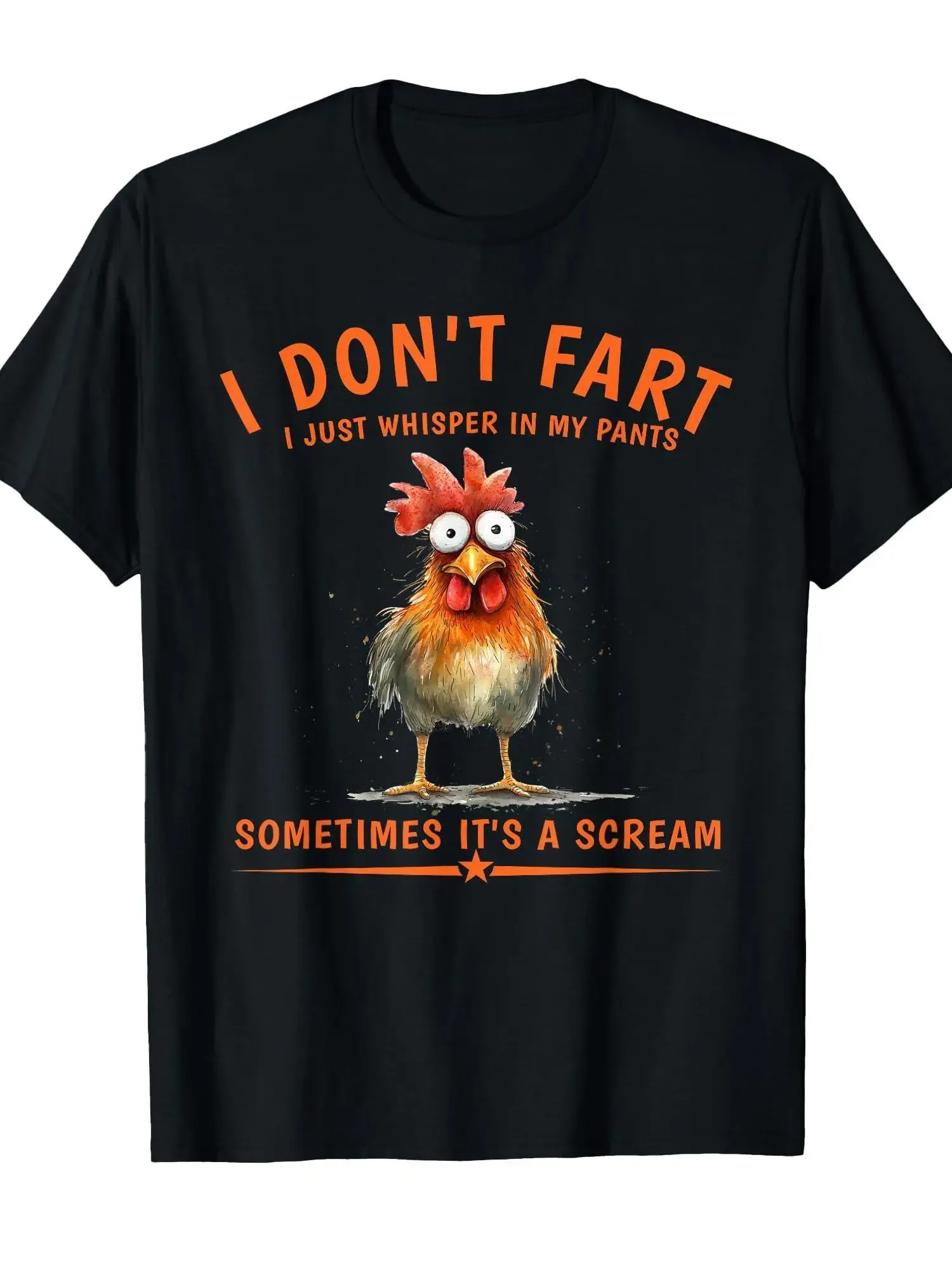 Camiseta divertida con cuello redondo y estampado de pollo "Don't Fart I Just Whisper In My Pants" para hombre - Negro con estampado naranja