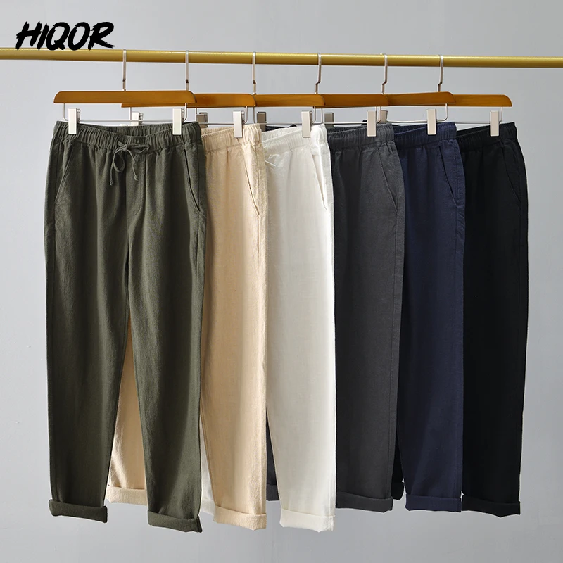 HIQOR-Pantalones informales de lino y algodón para hombre, pantalón transpirable, liso, holgado, 6 colores, novedad de verano