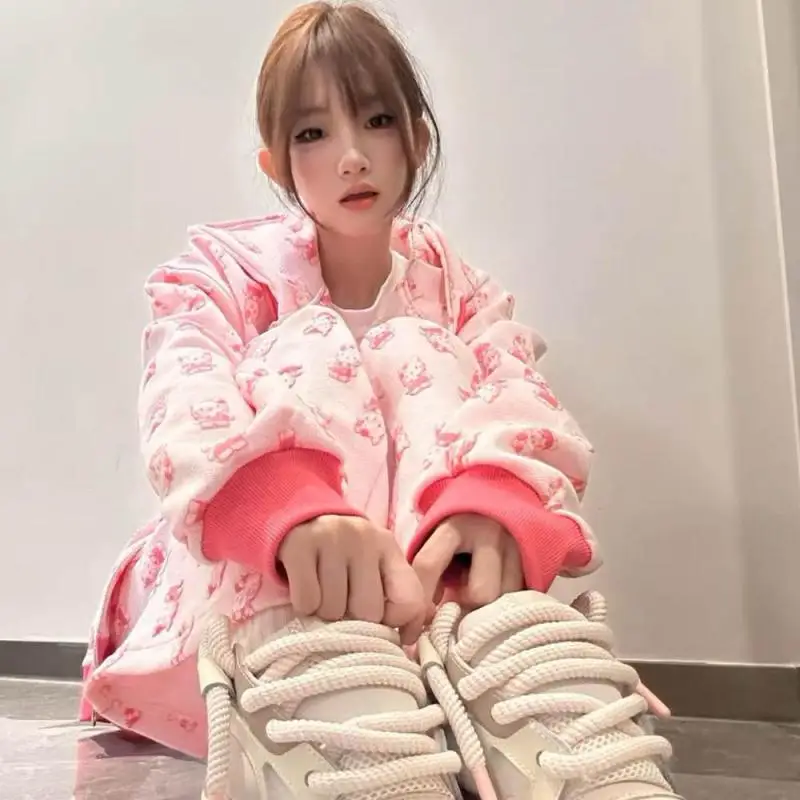 2Pcs Anime Hello Kittys Women Sweatshirt Suit Sweet Cool Sanrios Cartoon Hooded Sweatshirt Sweatpants Hot Girl Casual Sportswear