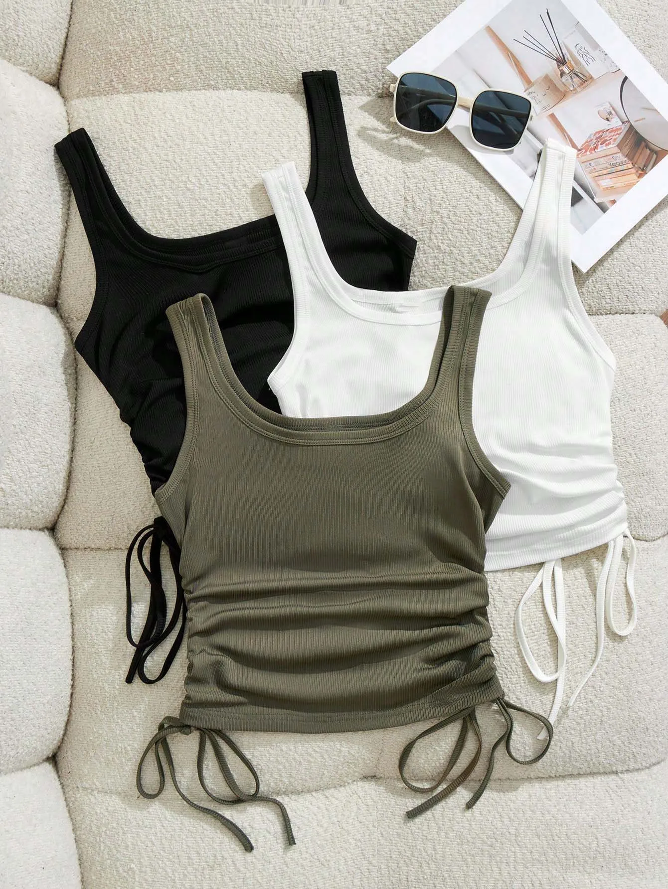 

European and American new solid color pleated side casual vest set