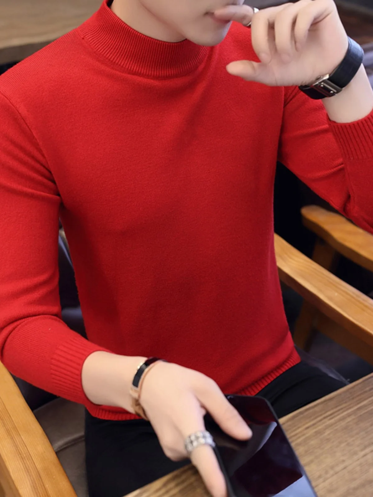 قميص رجالي محبوك بأكمام طويلة، عصري ودافئ، أنيق لفصلي الخريف والشتاء، إصدار جديد بلون موحد وياقة عالية مضادة للبكتيريا #5