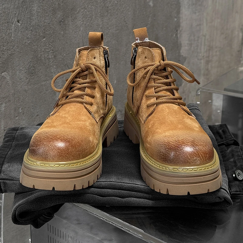 

New Men Height Increasing Boots Thick Sole European and American Breathable and Non Slip Young Motorcycle Boots