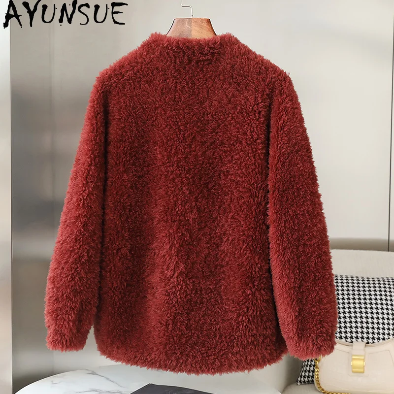 Ayunsue casaco de lã 100% feminino, jaqueta de shearling de ovelha, roupas de outono e inverno, bolsos de pele de raposa, Пegoьто Ж elektiniaiе, pele composta