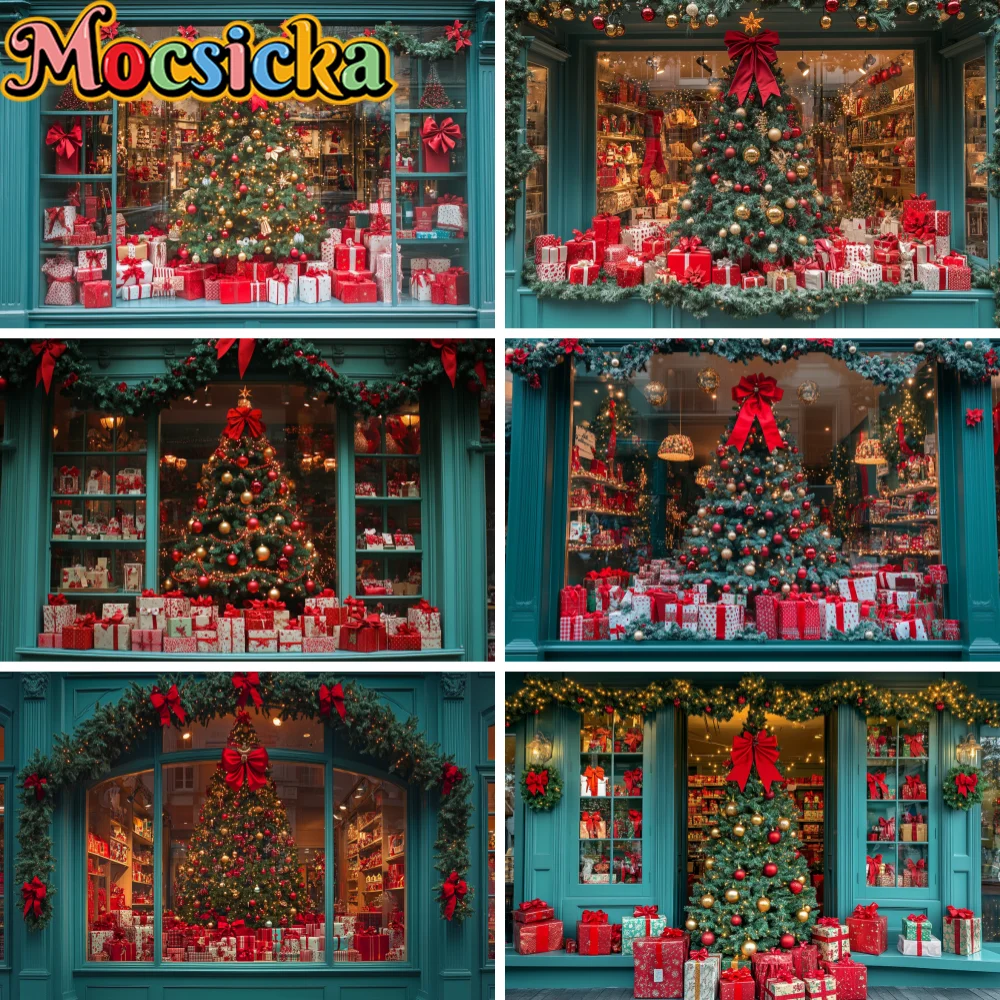 Christmas Teal Storefront Window Backdrop Red Bow Tree & Gift Boxes for Kids Adult Holiday Party Photo Booth Background