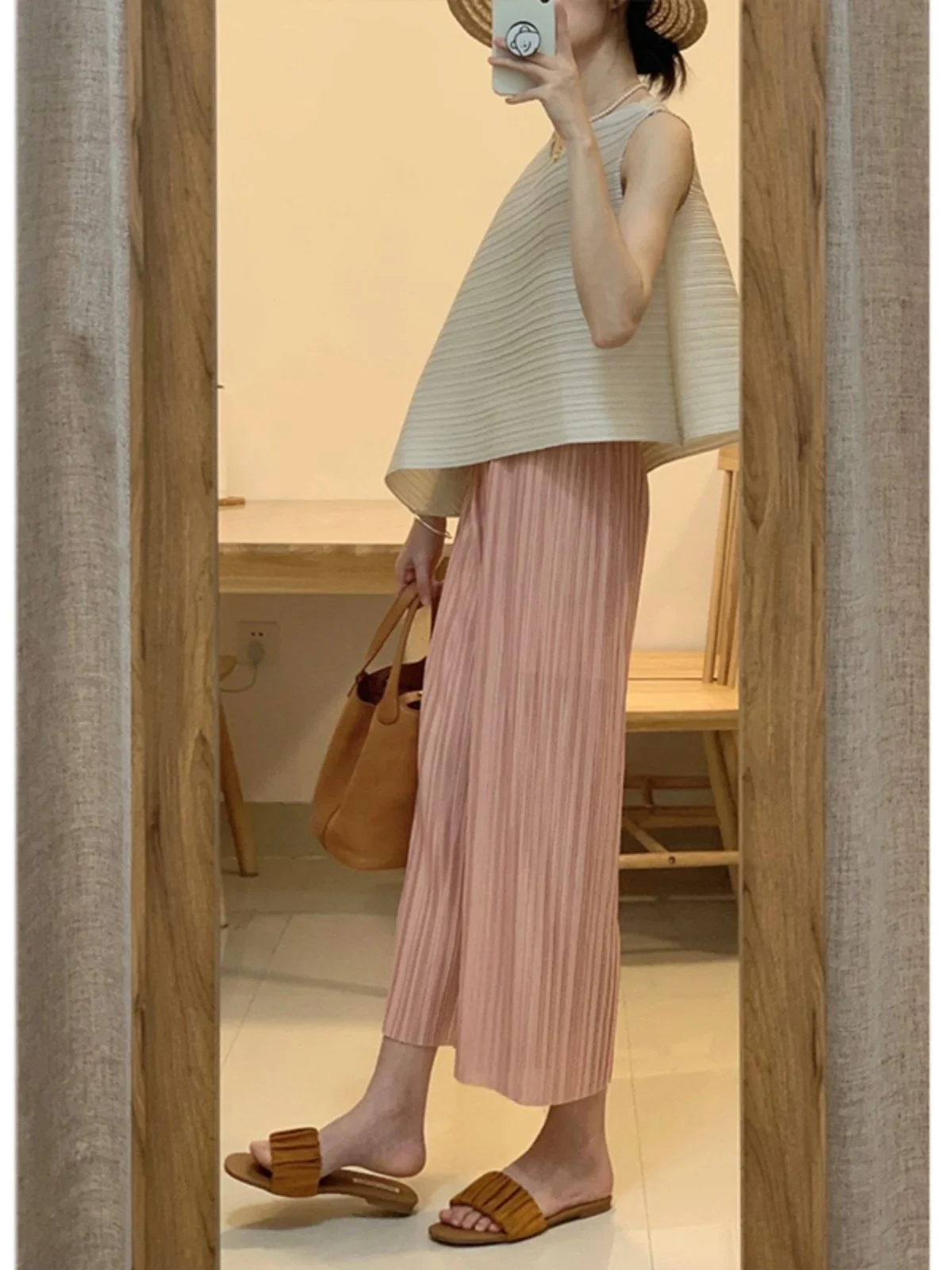 아세테이트 플리츠 와이드 레그 팬츠 여성용 9부 얇은 루즈핏 스트레이트 캐주얼 바지 하이웨이스트 여름 패션