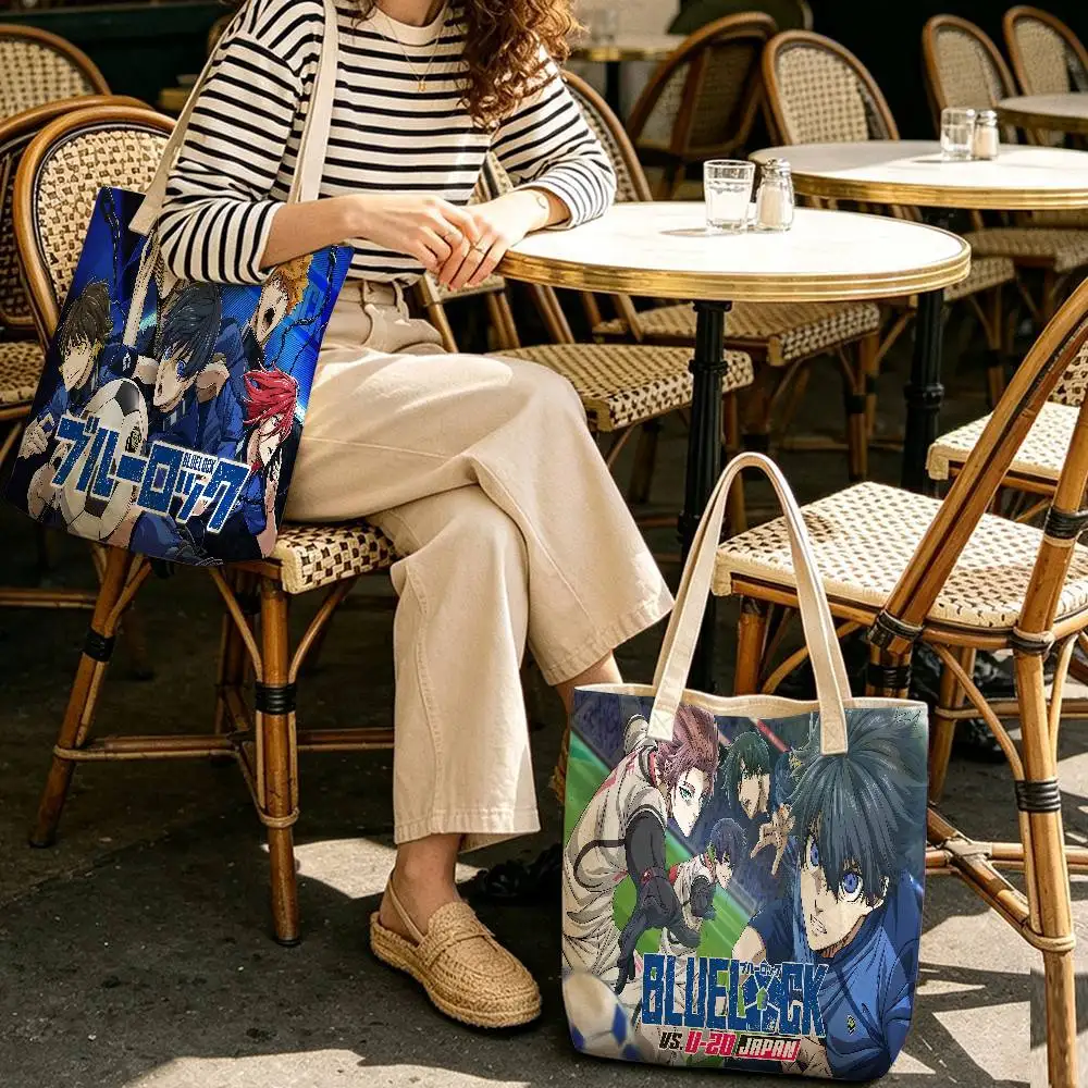 Football Anime B-Blue L-Lock pattern printed canvas tote bag, suitable for daily use, shopping, school, and travel