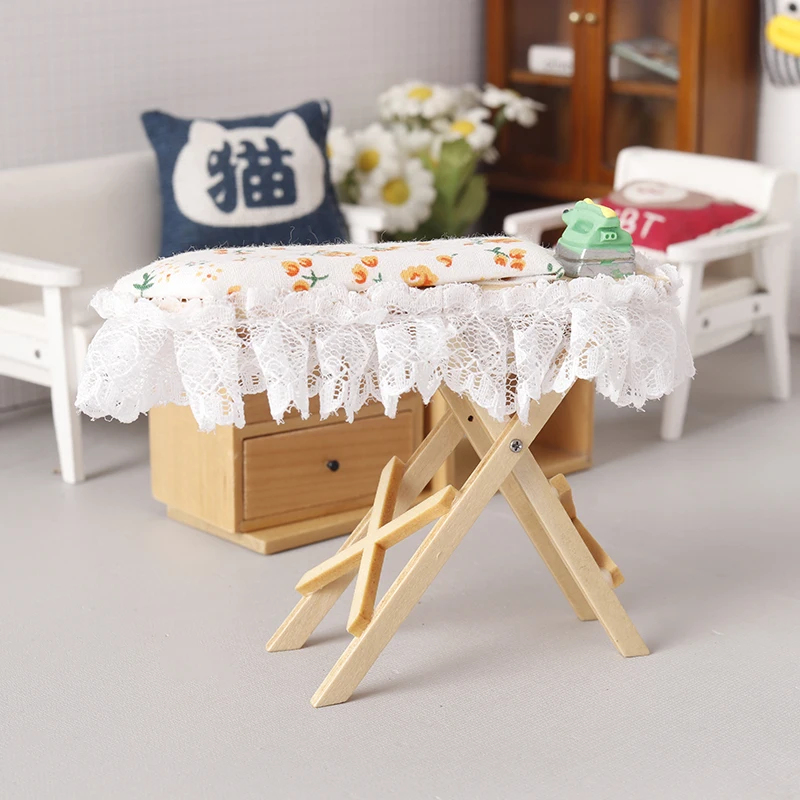 1Pc 1:12 Dollhouse Miniature Wooden Ironing Board Mini Flat Iron Furniture Model Sewing Life Scene Decor Toy Micro Scene Props