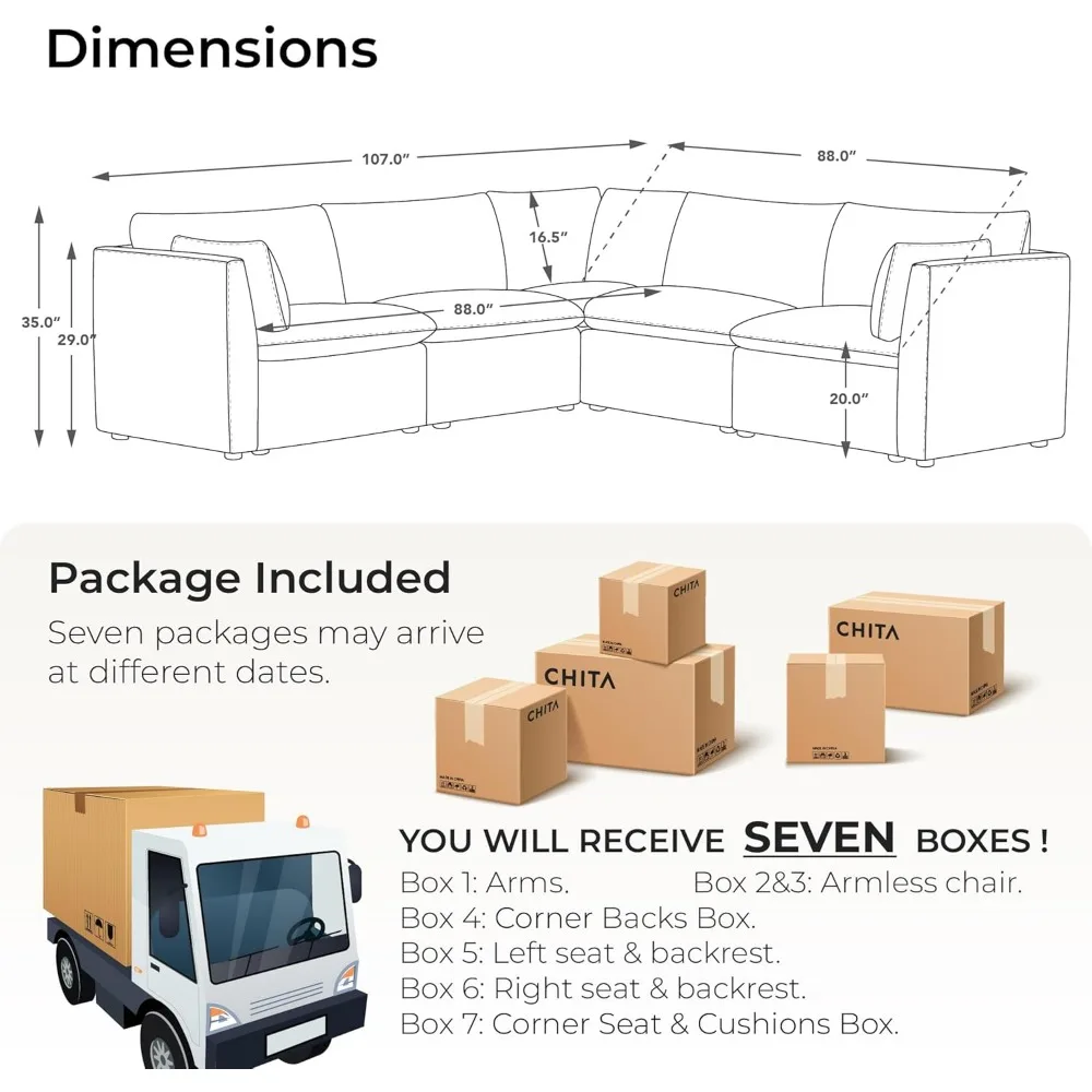 Sectional Modular Down Filled Sofa, Comfty Feather V Shape Cloud Couch, 107 Inch Width,4 Seat and 1 Middle Corner, Sofa