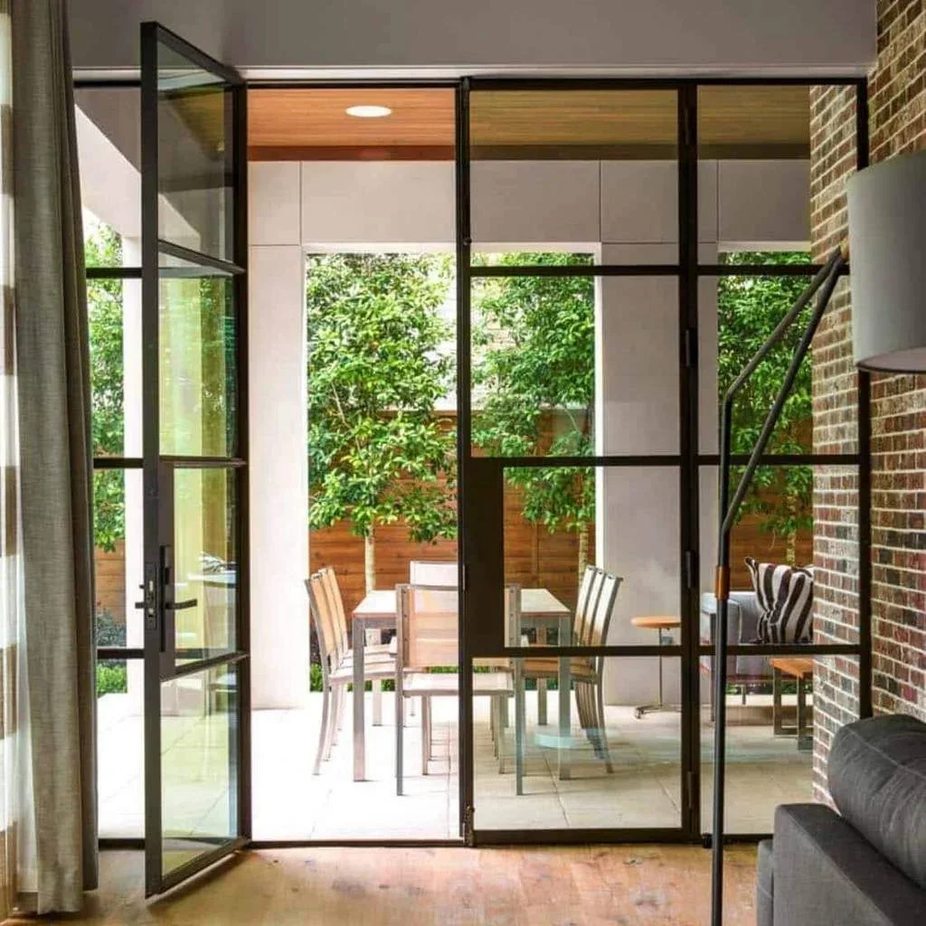 For Black Steel Frame Exterior Double Glass French Aluminum Entry Swing Glass Doors