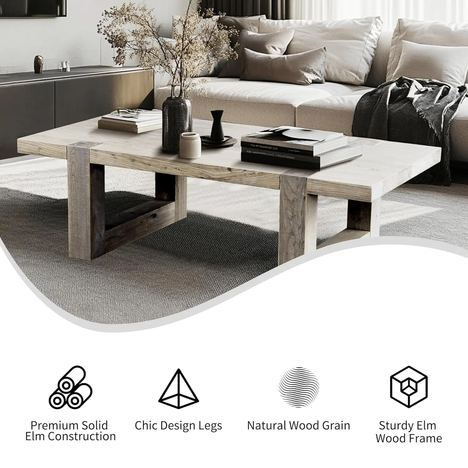 Solid Wood Coffee Table Rustic Natural Grain Top Sled Base Storage Reception Living Room, Customized