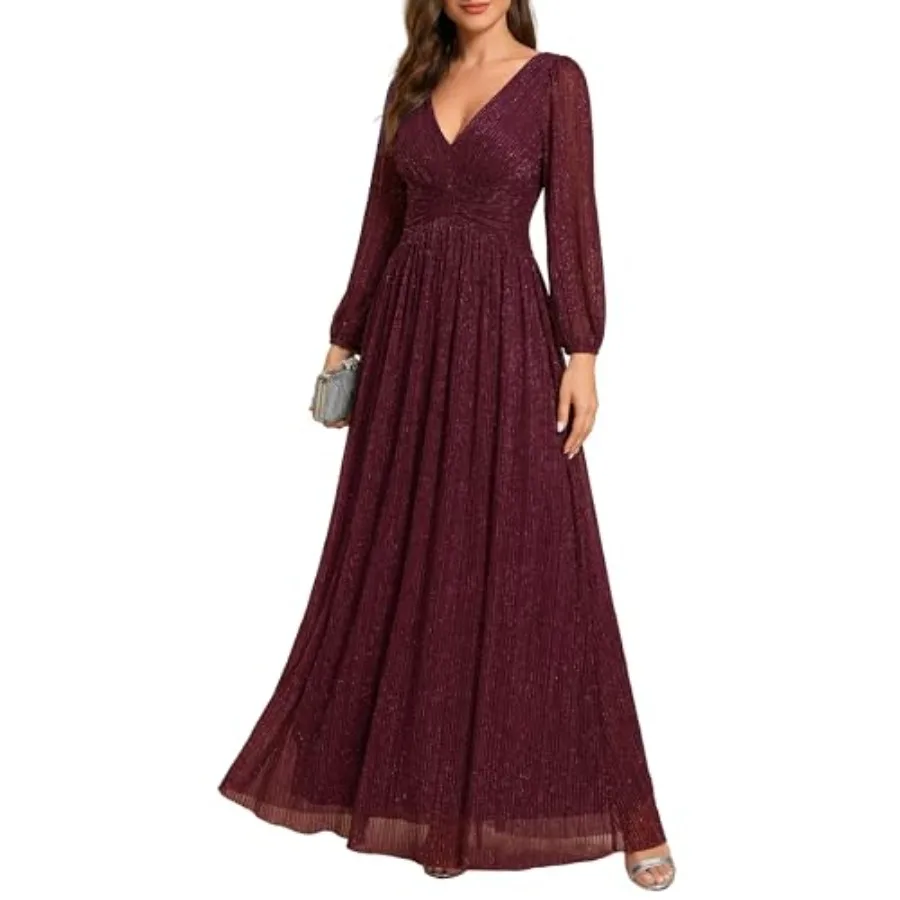

Ever-Pretty Women's A-Line Glitter Formal Dresses V-Neck Long Sleeves Floor Length Evening Gowns Mother of Bride Dress