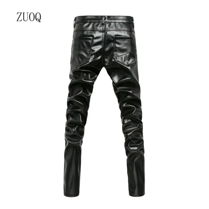 New Winter Men Skinny Biker Pu Leather Pants High Street Fashion Motorcycle Trousers for Male Stage Club Wear
