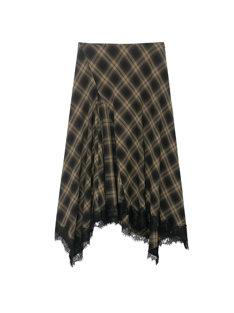 

Women's Plaid Long Skirts Vintage Printed Loose Lace Spliced A Line Skirt Fashion Retro Elegant Irregular Design Casual Skirts